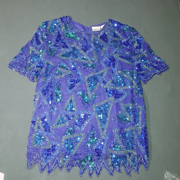 Vintage Styleworks Sequined Silk & Polyester Top Short Sleeve Blue & Green Women - Picture 1 of 10